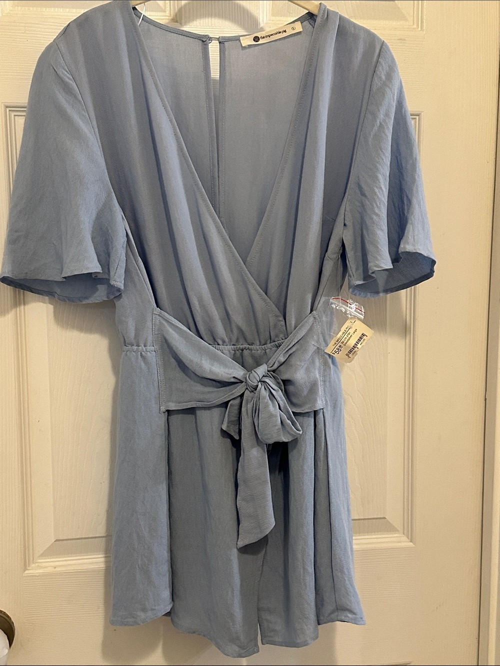 The Impeccable Pig Chambray Blue Tie-Waist Romper